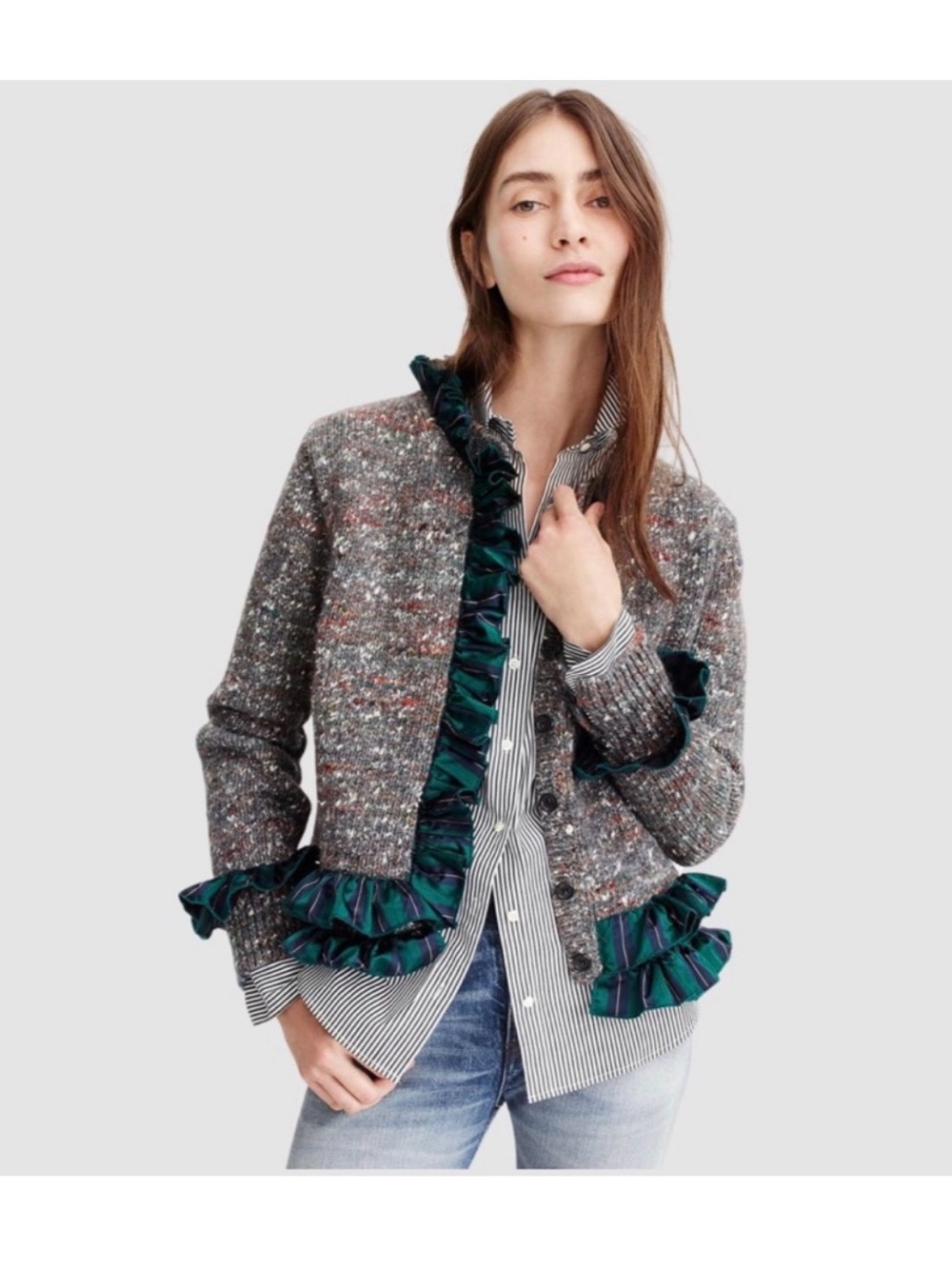 J. Crew Lady Sweater Wool Alpaca Blend Pullover with Green Tartan Silk Trim EUC